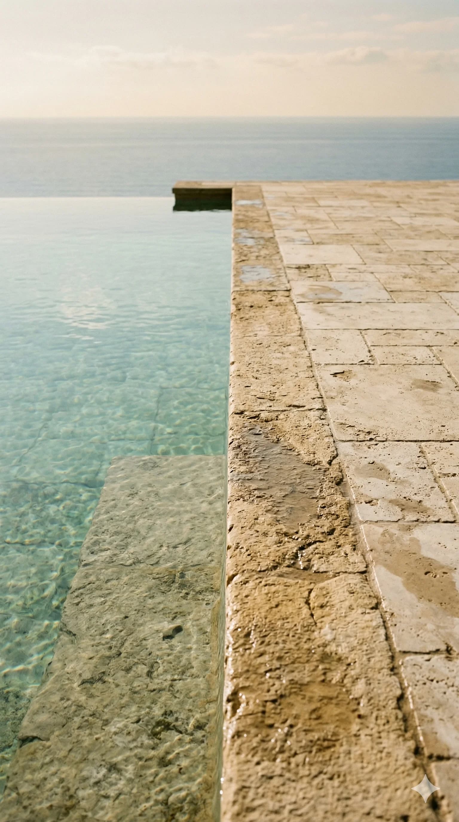 Clear turquoise water at the edge of a Mediterranean infinity pool with honey limestone
