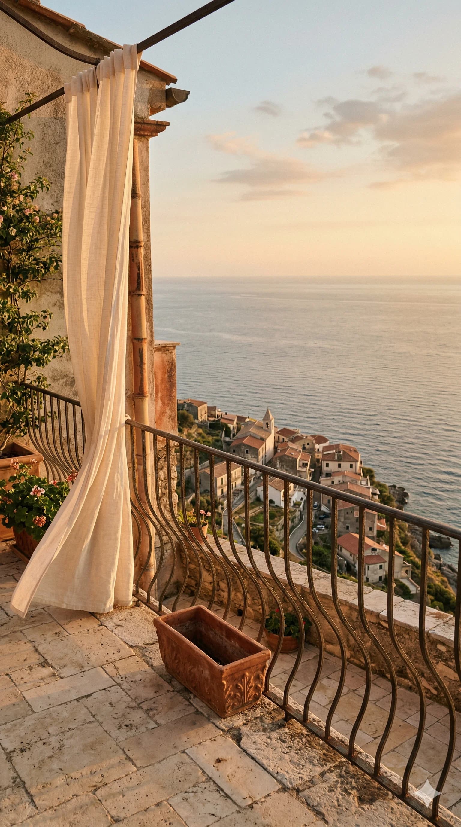 Villa terrace with linen curtain overlooking a coastal village at golden hour